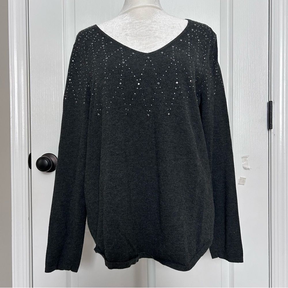 Chico’s Charcoal Gray Rhinestone Sparkle V-Neck Long Sleeve Knit Top Size Large